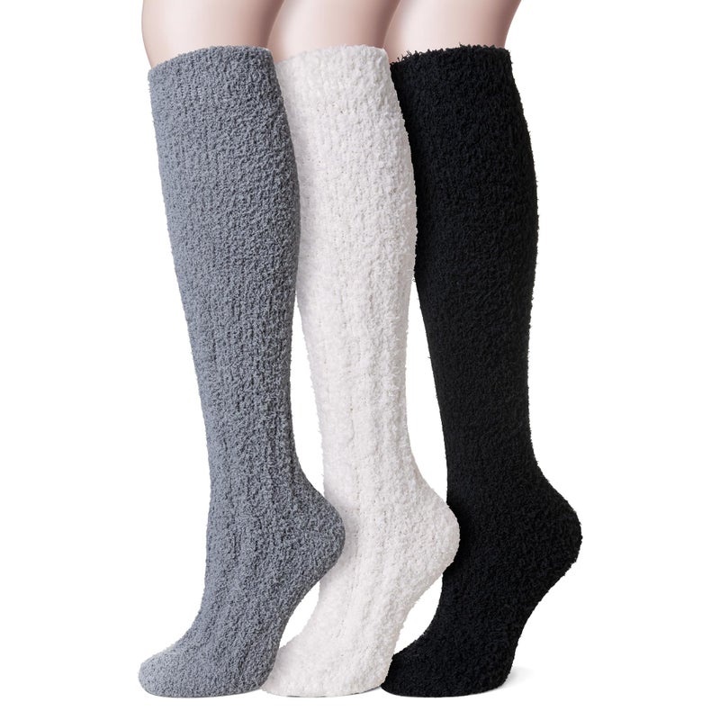 Velice Fuzzy Socks for Women 3 Pairs Knee High Fluffy Soft Warm Stocking Cozy Slipper Plush Winter Long Christmas Socks(Black/White/Grey) - Image 1