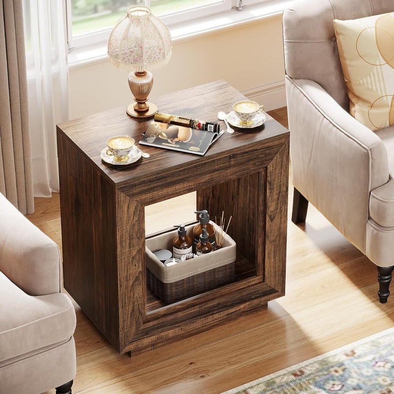 Tribesigns 60cm Coffee Table Rustic Wood Side Table, 2 Tiered Square End Table with Storage Shelf, Industrial Sofa Side Table for Living Room, Entrance (Rustic Brown,Set of One) - Image 2
