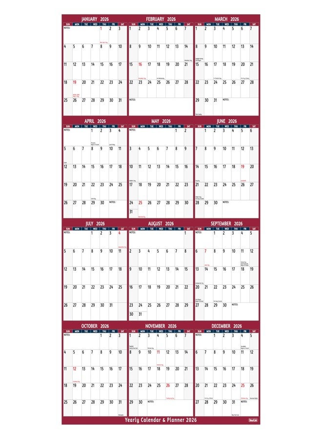 BowCuk 2026 Yearly Wall Calendar, Red - Image 1