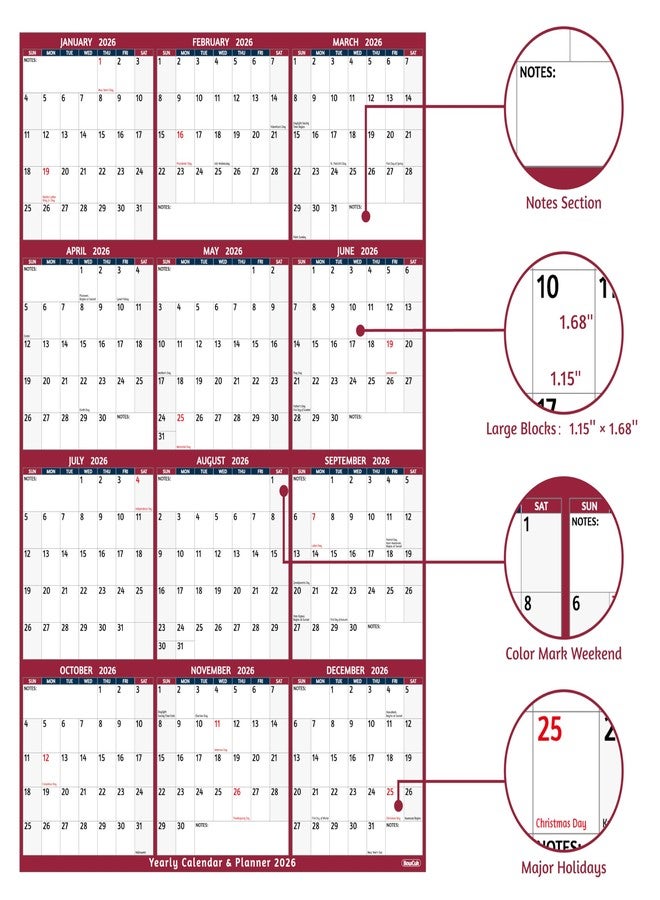 BowCuk 2026 Yearly Wall Calendar, Red - Image 3