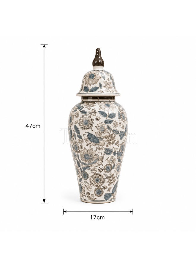 Porcelain Decorative Ginger Jar, Blue Grey Floral & Bird Design, 47 cm Height - Image 3