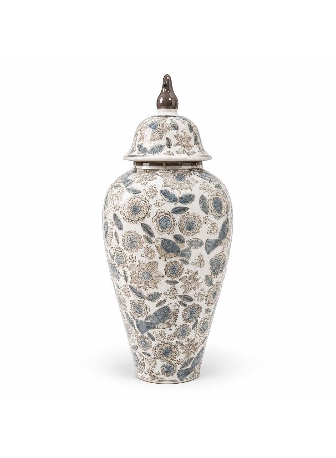 Porcelain Decorative Ginger Jar, Blue Grey Floral & Bird Design, 47 cm Height - Image 1