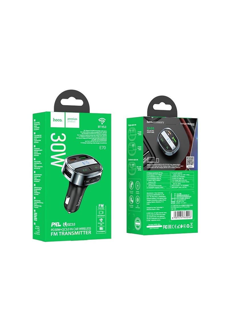 hoco. - E70 PD30W+QC3.0 Car Bluetooth FM Transmitter – Dual-Port Fast Charging for iPhone 15/14/13/12, Samsung Galaxy S23/S22/S21, iPad Pro, and More - Image 1