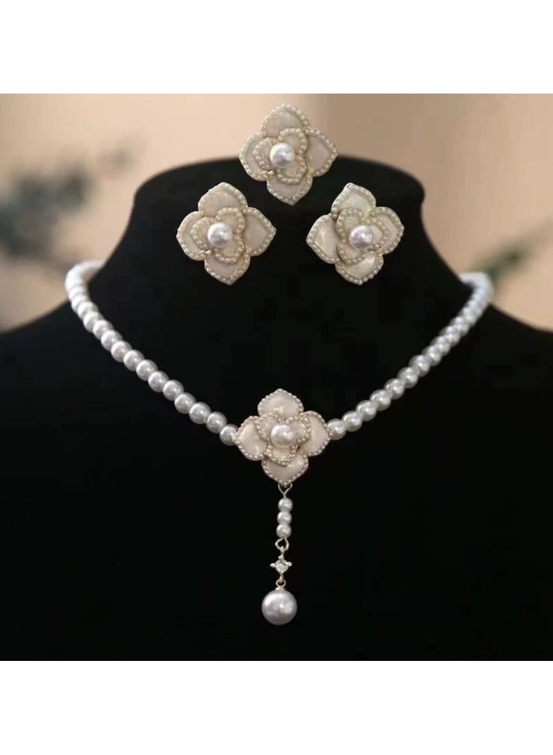 Goolsky French Vintage Pearl Camellia Jewelry Set – Bridal Necklace  Earrings 3-Piece Set, Elegant Wedding Jewelry for Women