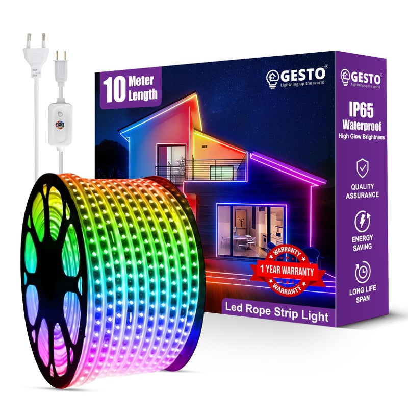 Gesto 10 Meter Rope Led Strip Lights – High Brightness Outdoor Lights Waterproof for Balcony,Home Decor,False Ceiling | RGB Strip Light for Diwali Decoration with Mode Change Controller (Multicolor) - Image 1