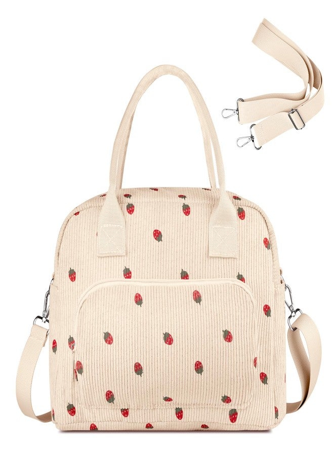 FITDON Insulated Lunch Bag for Women Men, Corduroy Cooler Bag Lunch Box Container Large Lunch Tote Bag for Work School Picnic Travel, Beige Strawberry - Image 1