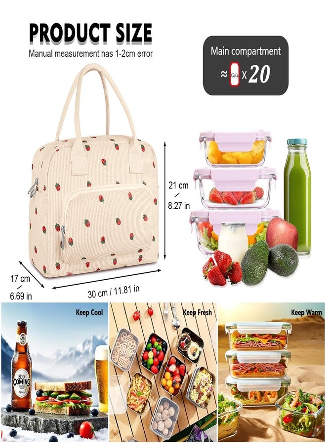 FITDON Insulated Lunch Bag for Women Men, Corduroy Cooler Bag Lunch Box Container Large Lunch Tote Bag for Work School Picnic Travel, Beige Strawberry - Image 5