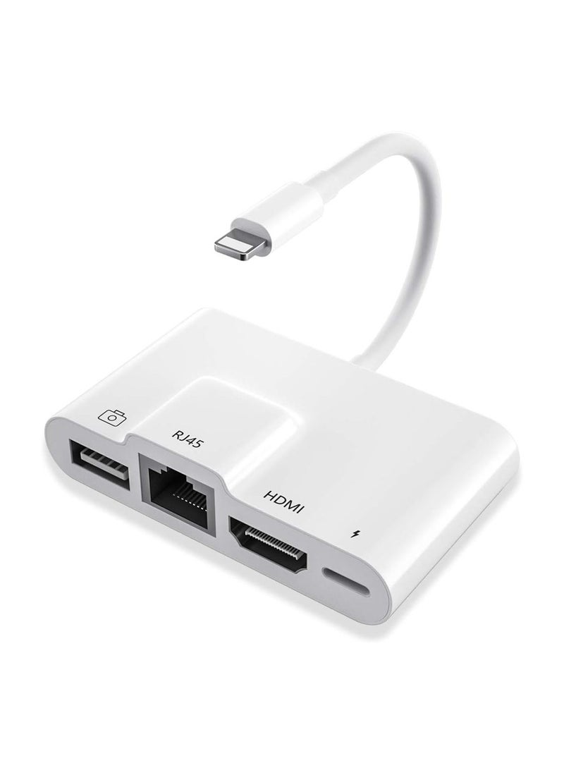 Generic - RJ45 Ethernet Adapter 4 in 1 Lightning to HDMI 1080P HD Network LAN Wired USB Data Sync Charging Card Reader Compatible with iPhone/iPad/TV/Monitor/Projector/Keyboard/Mouse - Image 1