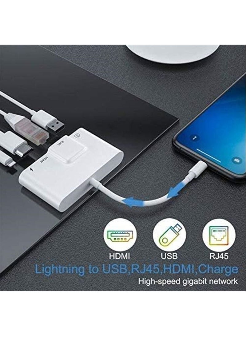 Generic - RJ45 Ethernet Adapter 4 in 1 Lightning to HDMI 1080P HD Network LAN Wired USB Data Sync Charging Card Reader Compatible with iPhone/iPad/TV/Monitor/Projector/Keyboard/Mouse - Image 1