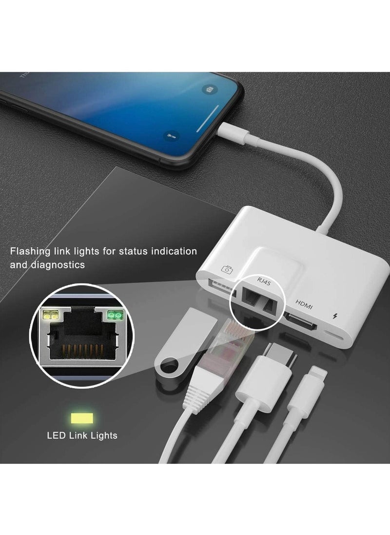 Generic - RJ45 Ethernet Adapter 4 in 1 Lightning to HDMI 1080P HD Network LAN Wired USB Data Sync Charging Card Reader Compatible with iPhone/iPad/TV/Monitor/Projector/Keyboard/Mouse - Image 1