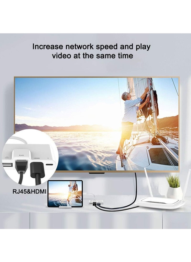 Generic - RJ45 Ethernet Adapter 4 in 1 Lightning to HDMI 1080P HD Network LAN Wired USB Data Sync Charging Card Reader Compatible with iPhone/iPad/TV/Monitor/Projector/Keyboard/Mouse - Image 1