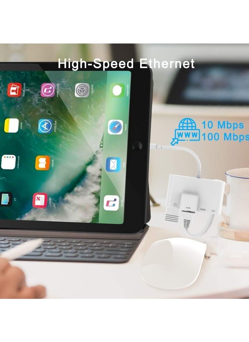 Generic - RJ45 Ethernet Adapter 4 in 1 Lightning to HDMI 1080P HD Network LAN Wired USB Data Sync Charging Card Reader Compatible with iPhone/iPad/TV/Monitor/Projector/Keyboard/Mouse - Image 1