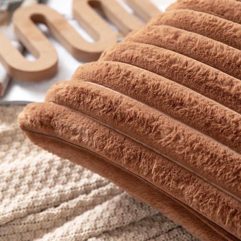 DEELAND Pack of 2 Double-Sided Faux Fur Plush Decorative Throw Pillow Covers Fuzzy Striped Soft Pillowcase Cushion Covers for Sofa Couch Bedroom Brown 16x16 inch - Image 3