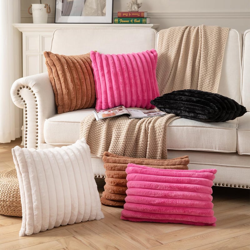 DEELAND Pack of 2 Double-Sided Faux Fur Plush Decorative Throw Pillow Covers Fuzzy Striped Soft Pillowcase Cushion Covers for Sofa Couch Bedroom Brown 16x16 inch - Image 5