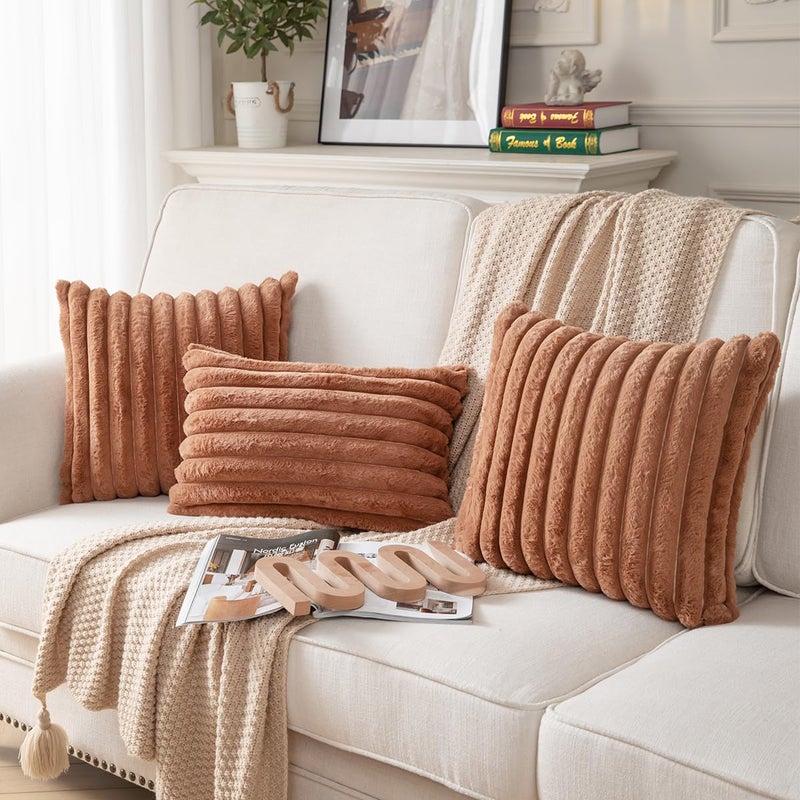 DEELAND Pack of 2 Double-Sided Faux Fur Plush Decorative Throw Pillow Covers Fuzzy Striped Soft Pillowcase Cushion Covers for Sofa Couch Bedroom Brown 16x16 inch - Image 4