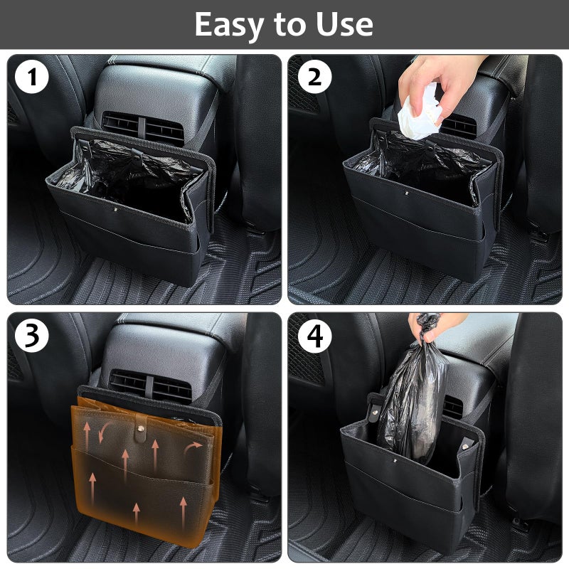 Accmor Car Trash Can with Pocket, Small Vehicle Dustbin Automotive Garbage Organizer Bin with 60 Pcs Trash Bags, Hanging Cars Storage Container for SUV Vans (Black) - Image 4