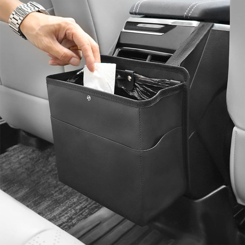 Accmor Car Trash Can with Pocket, Small Vehicle Dustbin Automotive Garbage Organizer Bin with 60 Pcs Trash Bags, Hanging Cars Storage Container for SUV Vans (Black) - Image 1