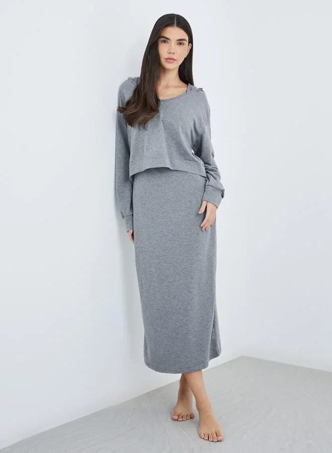 تايك تو Take Two Women Grey Solid Hooded Sweatshirt and Midi Sheath Dress Co-Ords