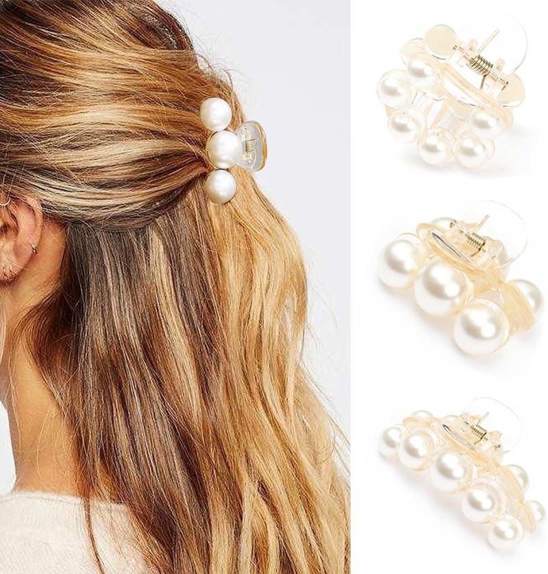 Zoestar Pearl Claw Clips Champagne Pearls Hair Clips Small Hair Clip Claws Fancy Hair Accessories for Women and Girls 3 PCS
