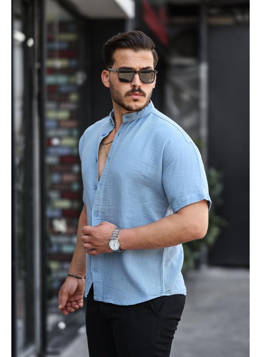 Mandarin Collar Muslin Fabric Short Sleeve Shirt - Cold Blue - pzsku/ZEA12FA2117039251B040Z/45/_/1741192249/6fec7c77-e15c-4224-a08f-a200a470b87d