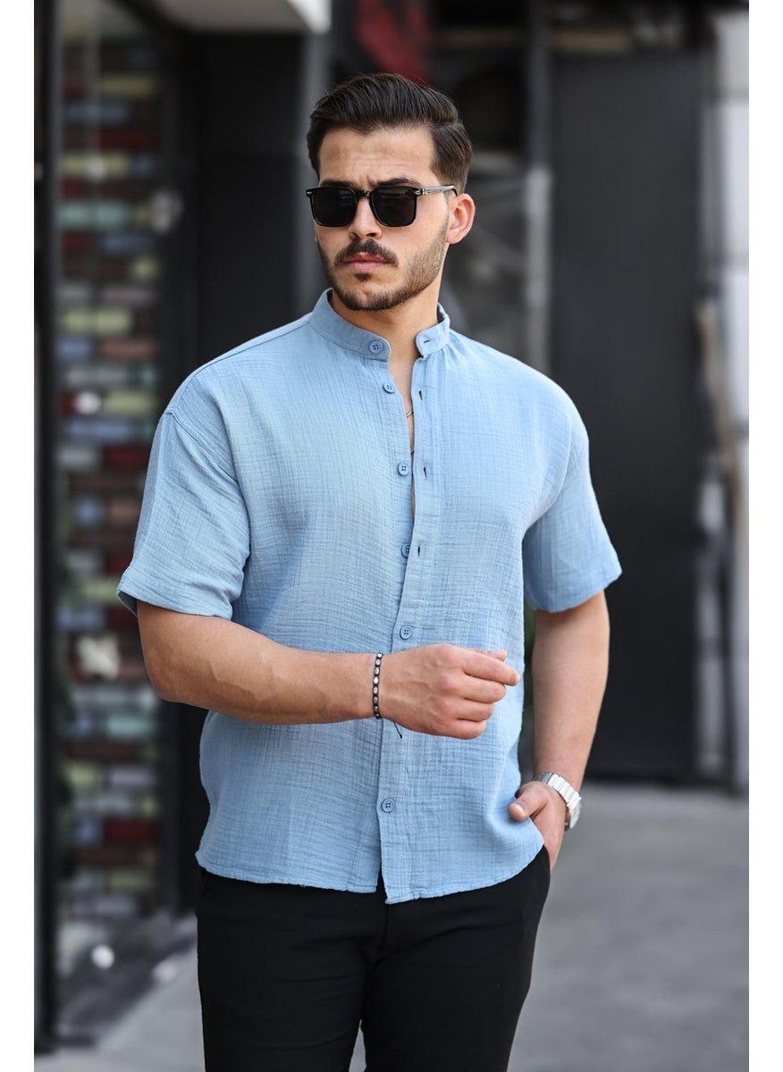 Mandarin Collar Muslin Fabric Short Sleeve Shirt - Cold Blue - pzsku/ZEA12FA2117039251B040Z/45/_/1741192252/113bb34c-c67d-4250-bc10-932a4a6ef1ed