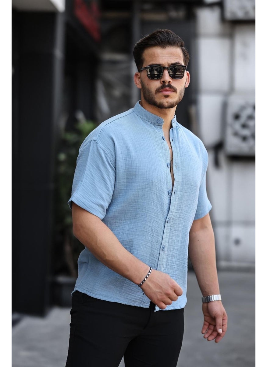 Mandarin Collar Muslin Fabric Short Sleeve Shirt - Cold Blue - pzsku/ZEA12FA2117039251B040Z/45/_/1741192253/4350fd6a-ed7a-4217-9754-a95ff790f0b5