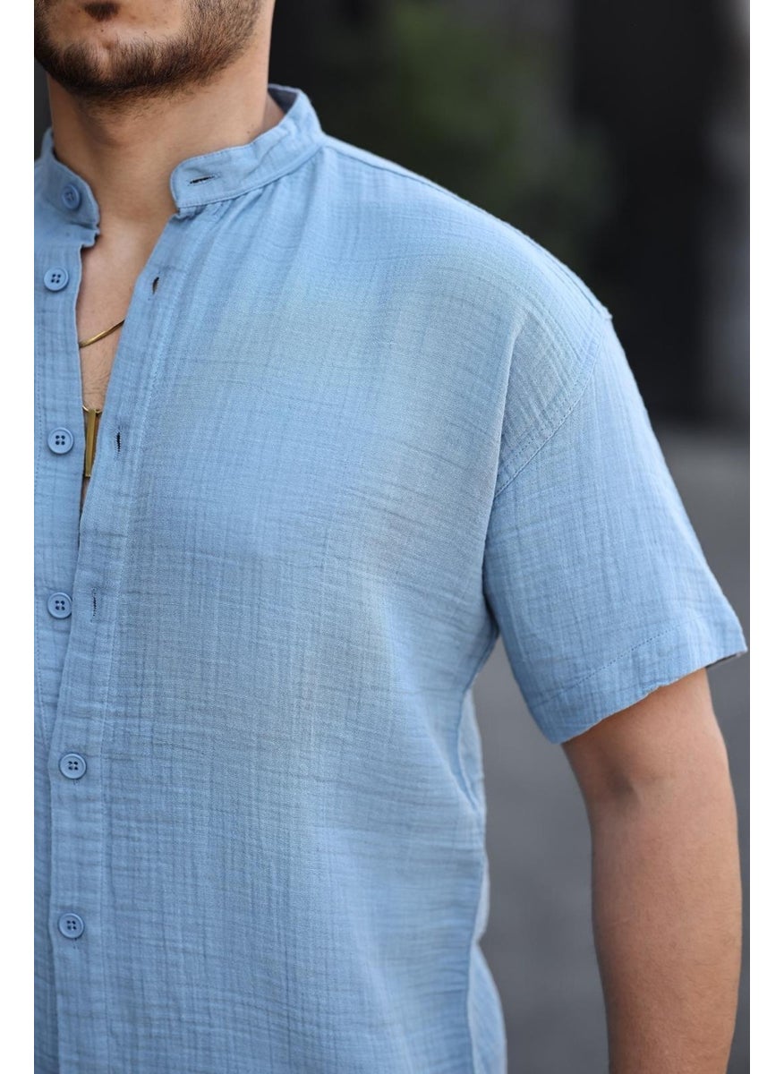 Mandarin Collar Muslin Fabric Short Sleeve Shirt - Cold Blue - pzsku/ZEA12FA2117039251B040Z/45/_/1741192254/ad206e71-f4e2-4c8e-aec2-5414686cef42