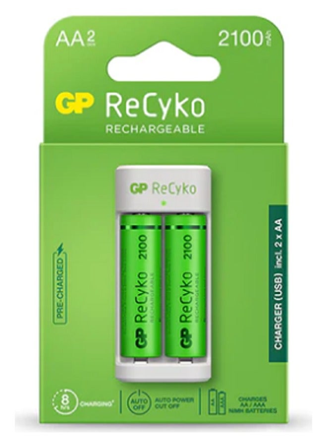 شاحن جي بي ريسيكو 2 فتحات يو إس بي مع 2 بطاريات AA 2100 مللي أمبير في الساعة