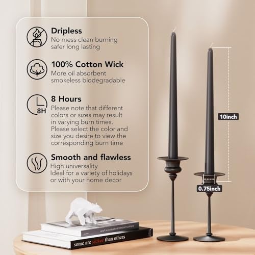 Pickood 10-Inch Tall Dripless Taper Candles Set of 4 - Black Gray Tapered Candles, Perfect for Spring - Smokeless, Unscented, Long Burning - Hand Poured, Colored Tall Candlesticks - Dark Gray - Image 2