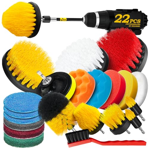 Holikme 22Pack Drill Brush Attachments Set,Scrub Pads & Sponge, Buffing Pads,Power Scrubber Brush,Car Polishing Pad Kit,Wax Applicator Pad,Car Cleaning Kit,Masonry Brushes,Cleaning Supplies - Image 1