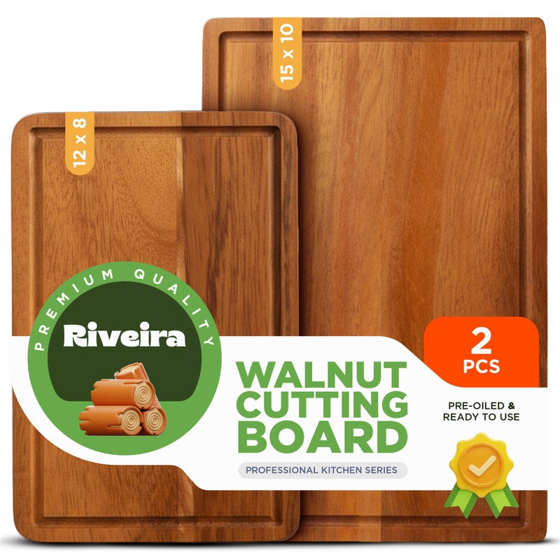 Riveira Walnut Wood Cutting Board â€“ Versatile And Durable: Set Of 2 Pcs Rectangular Wooden Cutting Board â€“ Natural Wooden Cutting Boards For Kitchen â€“ Complete Walnut Wooden Chopping Board - Image 1