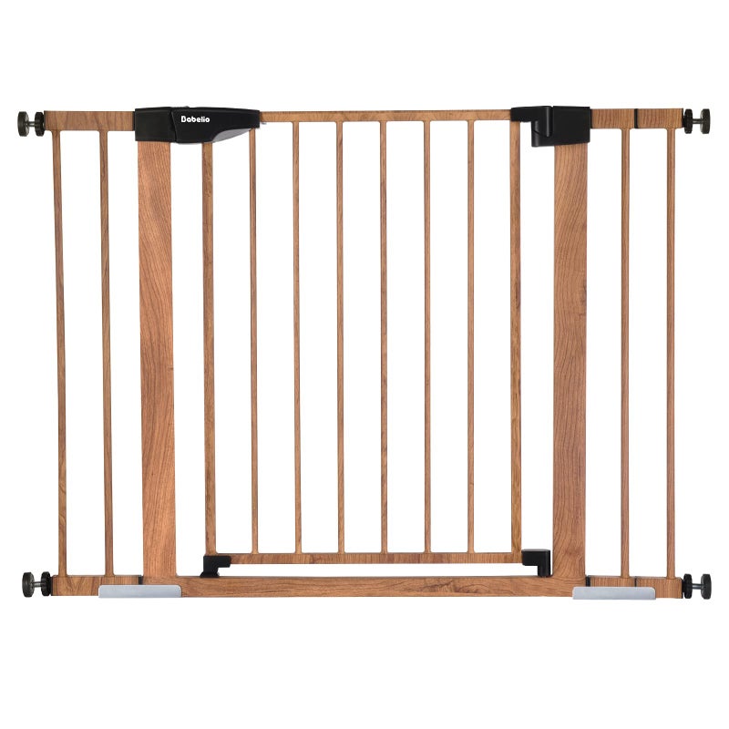 Moms Choice Award WinnerBABELIO 2640 Inch Metal Baby Gate with Wood Pattern Easy Install Pressure Mounted Dog Gate Ideal for Stairs and Doorways with Wall Protectors and Extension Kits