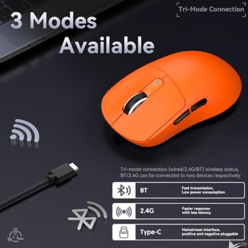 ATTACK SHARK X3 49g Ultralight Mouse PixArt PAW3395 Gaming Sensor BT 2.4G Wireless Wired Gaming Mouse 26000 DPI 200 Hours Battery G502 Office Mice for Win11 Xbox PS Mac Orange - Image 4