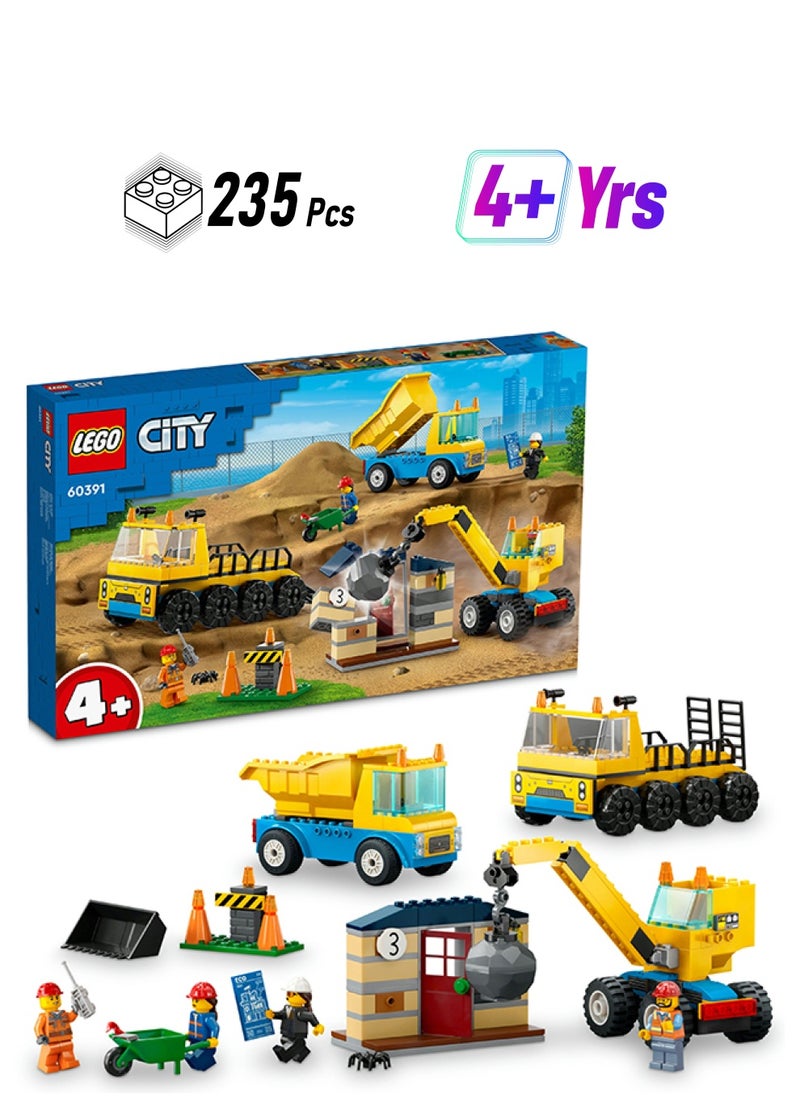 LEGO شاحانات بناء المدينة ورافعة كرة الهدم 60391 مجموعة ألعاب البناء للأطفال من عمر 4 سنوات فأكثر؛ تشمل 3 مركبات بناء، منزل مهدم، 3 شخصيات صغيرة وملحقات ممتعة للعب التخيل (235 قطعة)  - Image 1