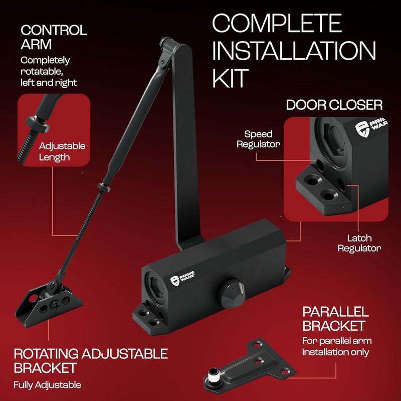 Primeware DC-300 Automatic Adjustable Door Closers for Home | Soft Close, No Slam | Residential and Commercial Door Closer | Level 3 | for Doors Weighing 90-140 lbs | Hydraulic Door Spring - Black - Image 4