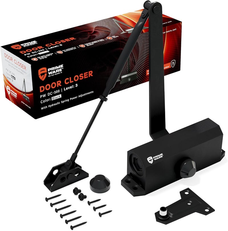 Primeware DC-300 Automatic Adjustable Door Closers for Home | Soft Close, No Slam | Residential and Commercial Door Closer | Level 3 | for Doors Weighing 90-140 lbs | Hydraulic Door Spring - Black - Image 1