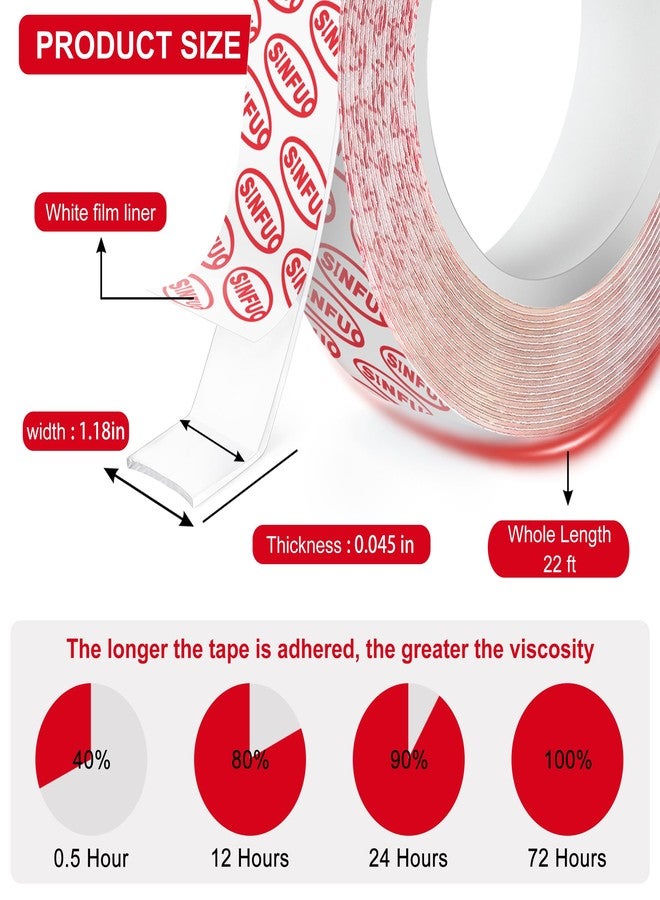 Sinfuo Heavy Duty Double Sided Tape, Nano Double Sided Adhesive Tape(22Ft), Removable Damage Clear Mounting Tape Picture Hanging Adhesive Strips - Image 2