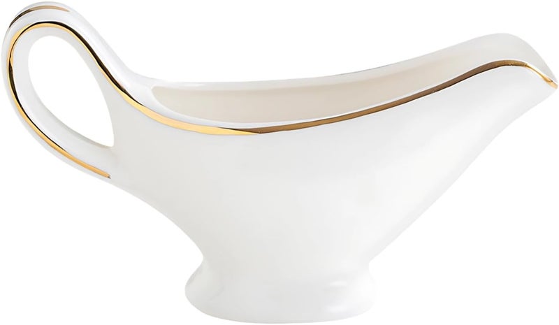 White Ceramic Gravy Boat, Gold, Tilted Spout Serving Jug With Open Handle, Small Sauce Pitcher For Parties & Gifts - Image 1