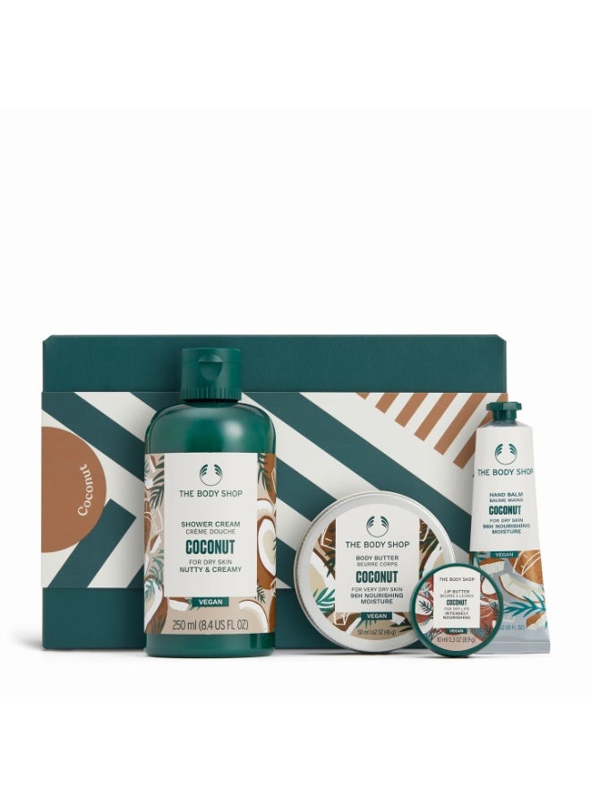 THE BODY SHOP Coconut Essentials Gift Set – Shower Cream (250 Ml) And Body Butter (50 Ml) And Hand Balm (30 Ml) And Lip Butter (10 Ml) – Tropical Virgin Coconut Oil Formula For Deep Hydration And Soft, Silky Skin - Image 1