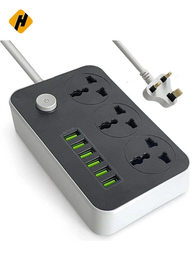HuHa Power Strips Extension Cord 3 Outlets, Power Socket with 6 USB Ports Universal Charging Socket with 2M Bold Extension Cord  - Image 1