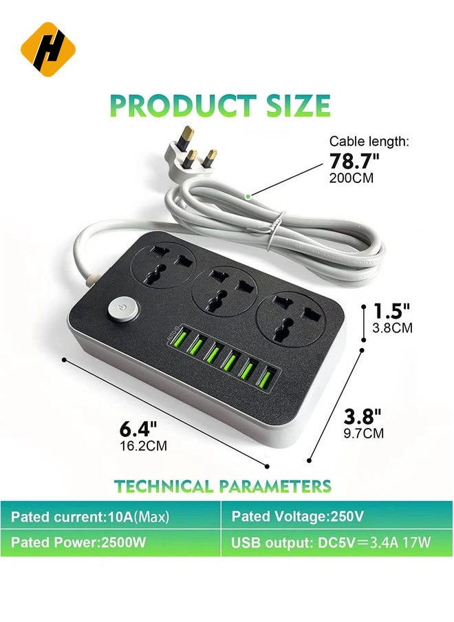 HuHa Power Strips Extension Cord 3 Outlets, Power Socket with 6 USB Ports Universal Charging Socket with 2M Bold Extension Cord  - Image 2