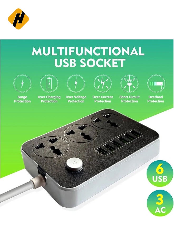 HuHa Power Strips Extension Cord 3 Outlets, Power Socket with 6 USB Ports Universal Charging Socket with 2M Bold Extension Cord  - Image 5
