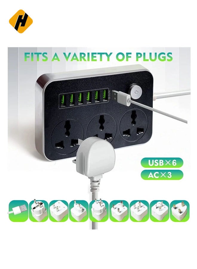 HuHa Power Strips Extension Cord 3 Outlets, Power Socket with 6 USB Ports Universal Charging Socket with 2M Bold Extension Cord  - Image 3