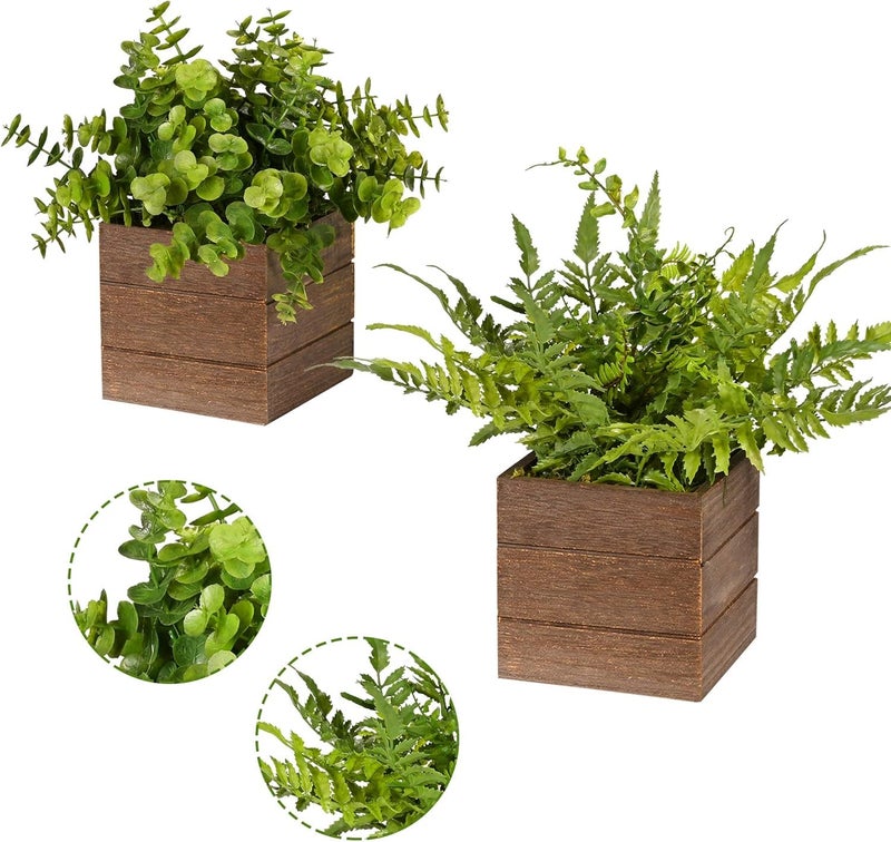 Dekorly Small Fake Plants, 2Pack Mini Artificial Plastic Boxwood Fern Green Decorative Plant in Wood Pots for Farmhouse Home Decor Office Bathroom Room Indoor (Height : 16CM, Wooden Pots, Boxwood) - Image 4