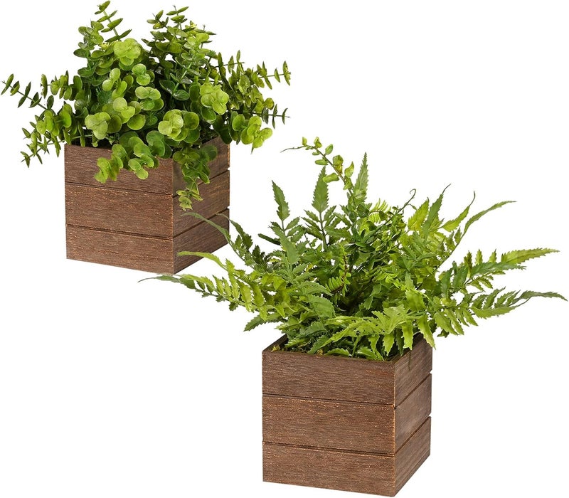 Dekorly Small Fake Plants, 2Pack Mini Artificial Plastic Boxwood Fern Green Decorative Plant in Wood Pots for Farmhouse Home Decor Office Bathroom Room Indoor (Height : 16CM, Wooden Pots, Boxwood) - Image 2