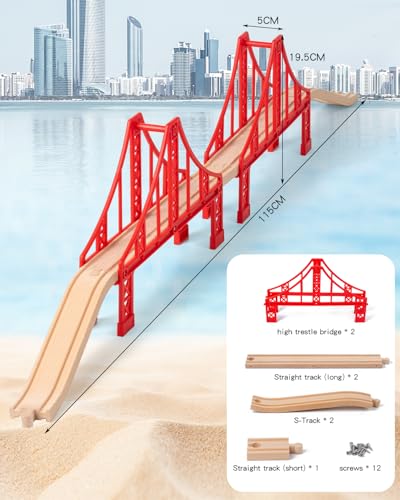 Payarma Wooden Train Track Accessories Train Railway Accessories Double Suspension Train Bridge Toy Train Set for Toddlers 35 Train Tracks Compatible with All Leading Brands - Image 5