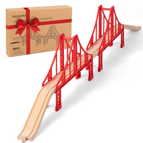 Payarma Wooden Train Track Accessories Train Railway Accessories Double Suspension Train Bridge Toy Train Set for Toddlers 35 Train Tracks Compatible with All Leading Brands - Image 1