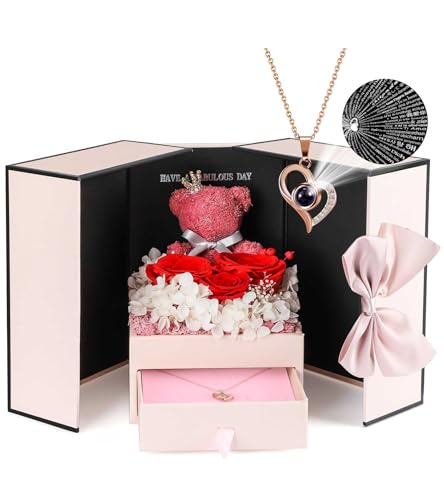 ADDWel Rose Gifts for Women - Preserved Real Roses Forever Red Flowers with I Love You in 100 Languages Necklace and Cute Moss Bear for Girlfriend Wife Mom Grandma on Birthdays, Anniversaries - Image 1