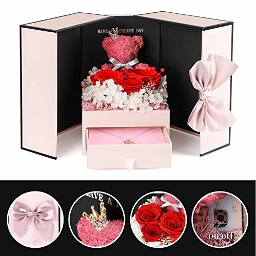 ADDWel Rose Gifts for Women - Preserved Real Roses Forever Red Flowers with I Love You in 100 Languages Necklace and Cute Moss Bear for Girlfriend Wife Mom Grandma on Birthdays, Anniversaries - Image 4