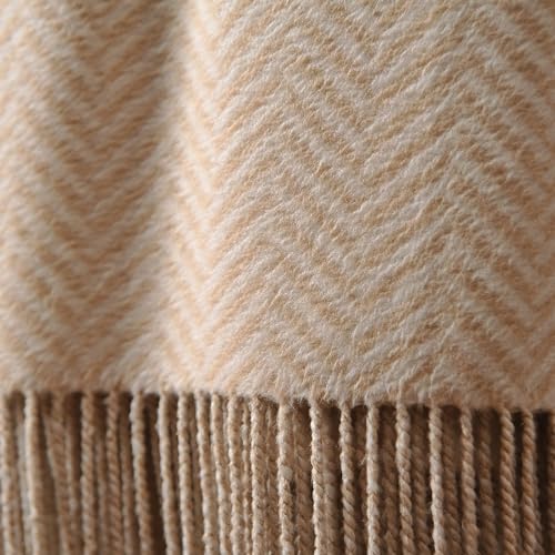 CUDDLE DREAMS Silk Throw Blanket with Hand-Knotted Fringe, Natural, Soft & Breathable (Herringbone-Taupe) - Image 4